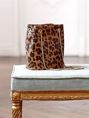 Rare Sézane Hope Bucket Bag Leopard Pony Hair Calfskin Gold Chain Discontinued